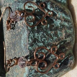 Pair Of Copper Dangle  Earrings With Clear Crystal Beads And Heart Design